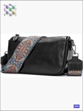 Genuine Leather Crossbody Bag with Wide Shoulder Strap Travel Handbag